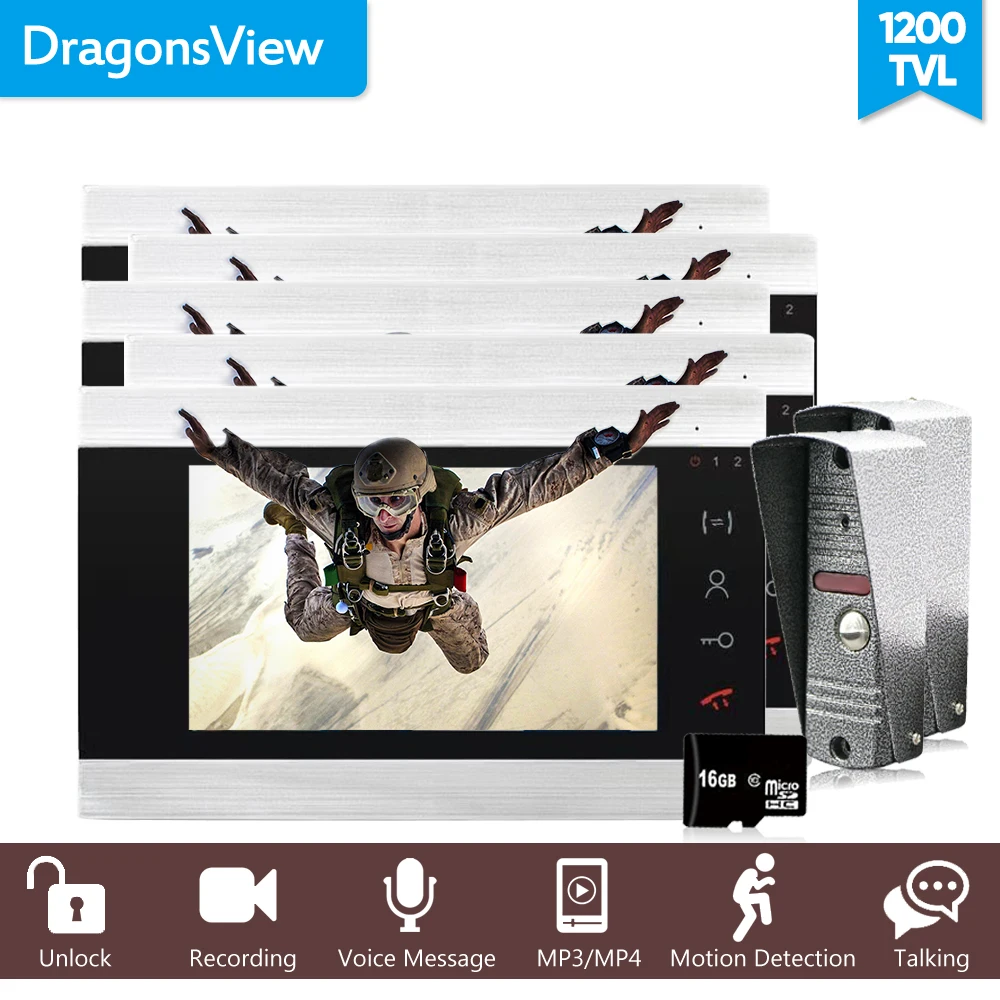 Dragonsview Wired Door Video Intercom System 4 Wires 5 Indoor Monitors and 2 Outdoor Doorbells Panel Call transfer Touch Key Dragonsview Wired Door Video Intercom System 4 Wires 5 Indoor Monitors and 2 Outdoor Doorbells Panel Call transfer Touch Key