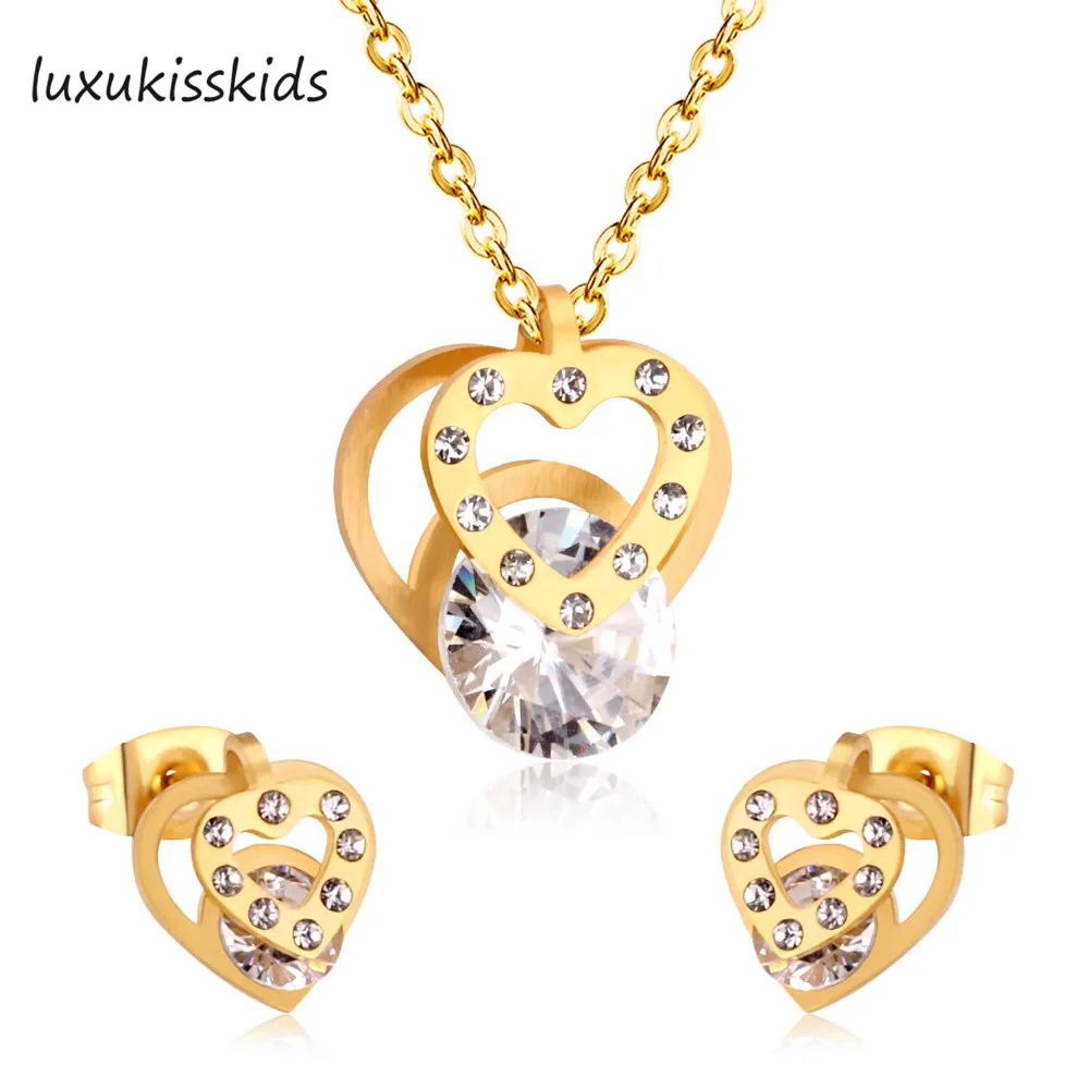 

LUXUKISSKIDS Hot Sale Stainless Steel Sets CZ Fashion Heart Jewelry sets Women Valentine's Day present