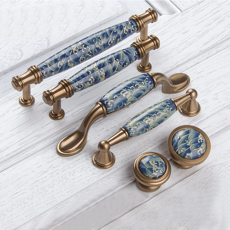 Blue Wave hand painted ceramic handle and knobs Antique Kitchen Cupboard cabinet Knob Dresser Drawer handles Closet pulls
