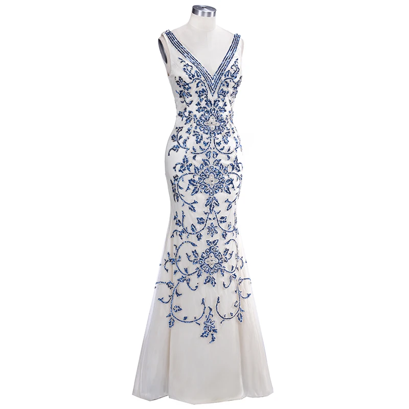 Luxury Champagne Evening Dress Long Mermaid Sheath Womens Embroidery Formal Gowns Sequin Vestidos Longo Special Occasion Dress