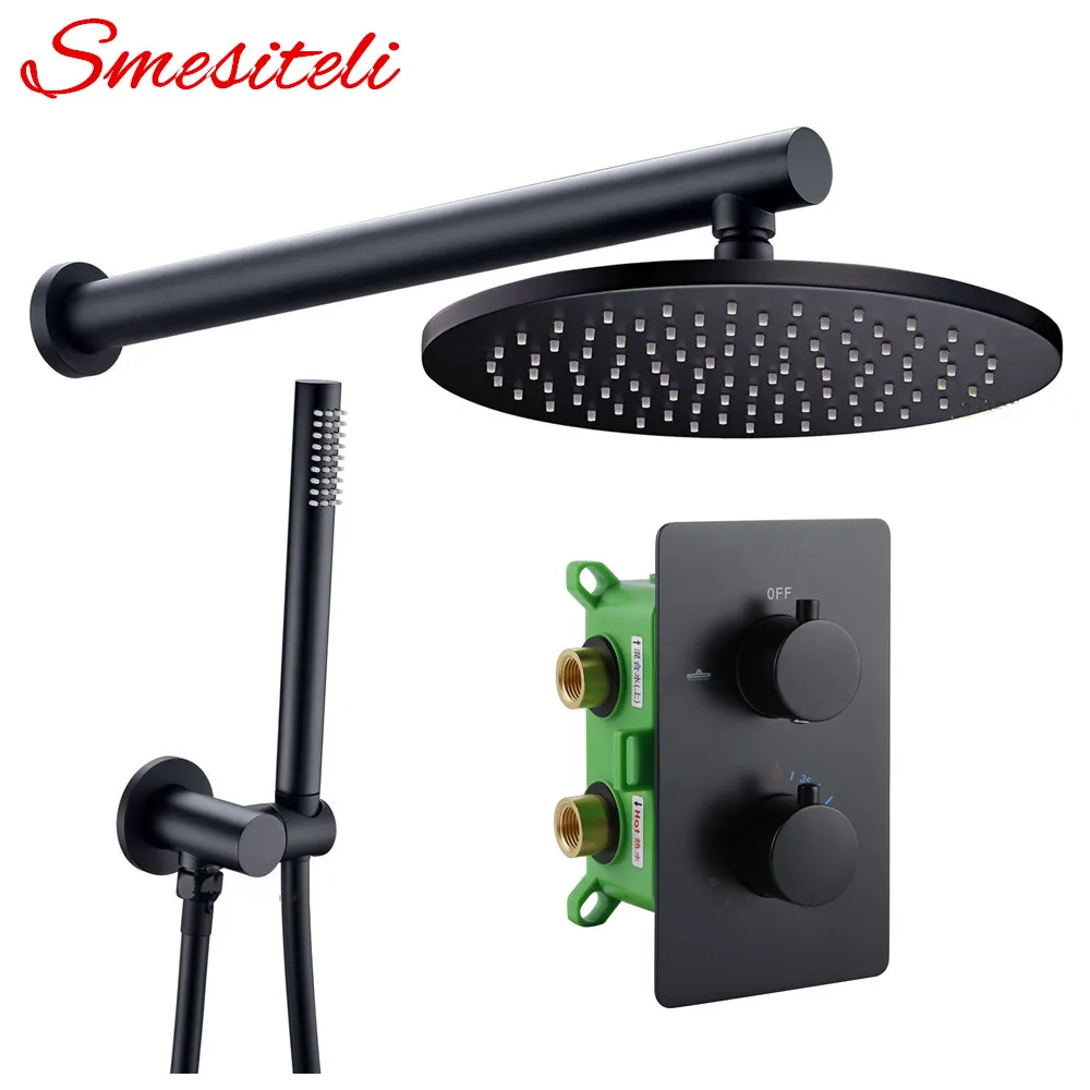 Online Smesiteli Válvula de latón sólido ajuste del termostato oculto con Kit de Control de volumen bidireccional ducha de lluvia termostática negra mate de Aurora