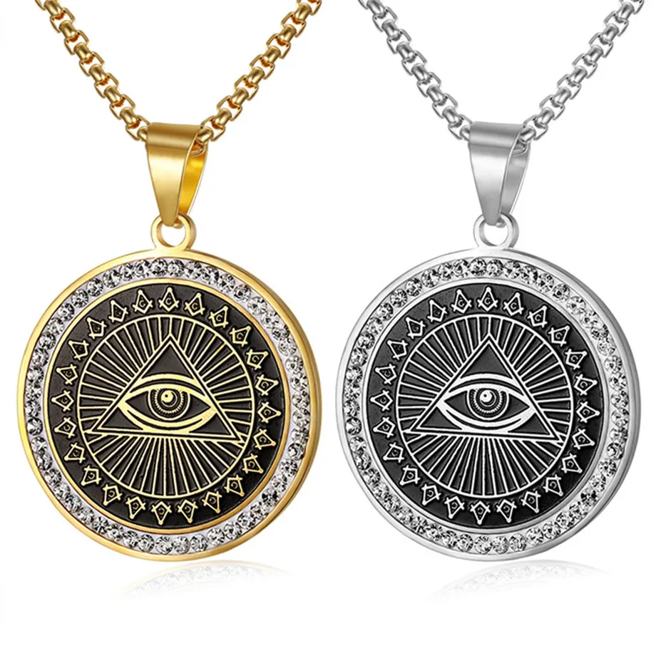 

Hip Hop Mens Freemason Pendant Necklace Iced Out Rhinestone Illuminati All-seeing Eye Coins Round Charming Necklace