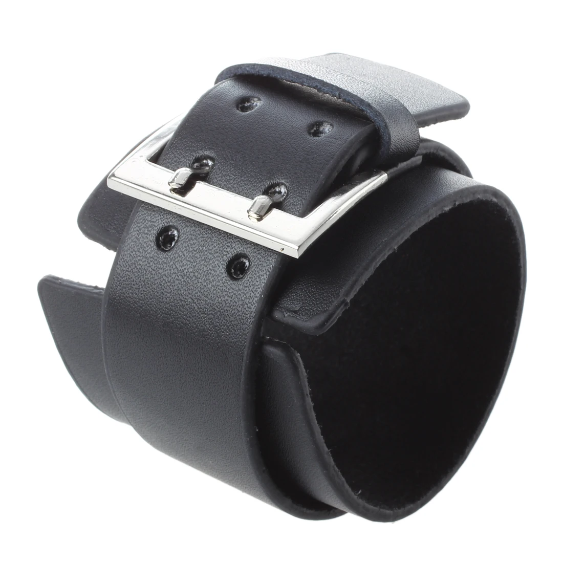 Men's Black Leather Double Buckle Bracelet 45mmin Charm Bracelets from