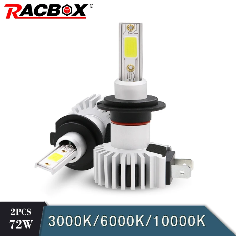 Автомобильная светодиодная лампа RACBOX 72 Вт H1 H3 H4 H7 H8 H9 H11 H27 880 881 9005 9006 HB3/4 COB 3000K 6000K