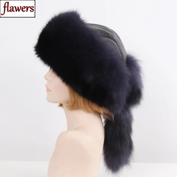 

2019 New Luxury Winter Women Natural Fox Fur Hat Warm Good Quality 100% Genuine Sheepskin Leather Cap Lady Real Fur Bomber Hats