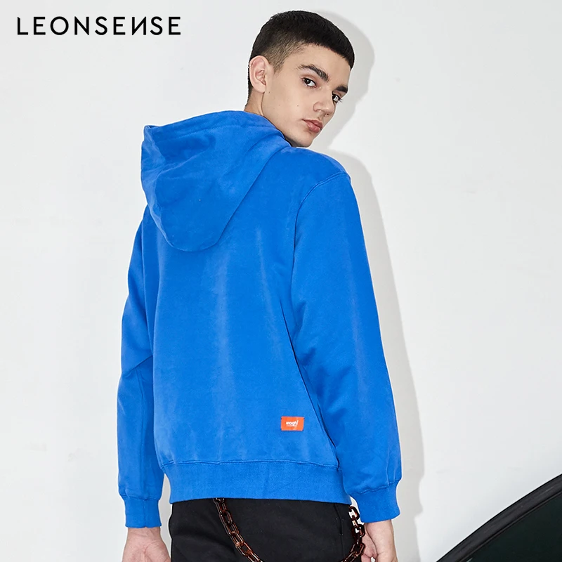 LEONSENSE New Fashion blue men's Long-Sleeves Hoodies Gothic Dragon head embroider Warm Hoodies men Round Collar Cotton Pullover