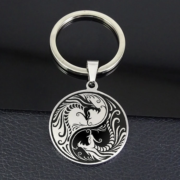

Yin Yang Dragon Keychain New Arrival High Quality Stainless Steel Round Keyring for Men and Women YP6681