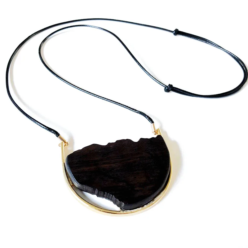

Free Shipping New Special Design Irregular Wooden Pendant Adjustable Black Rope Necklace