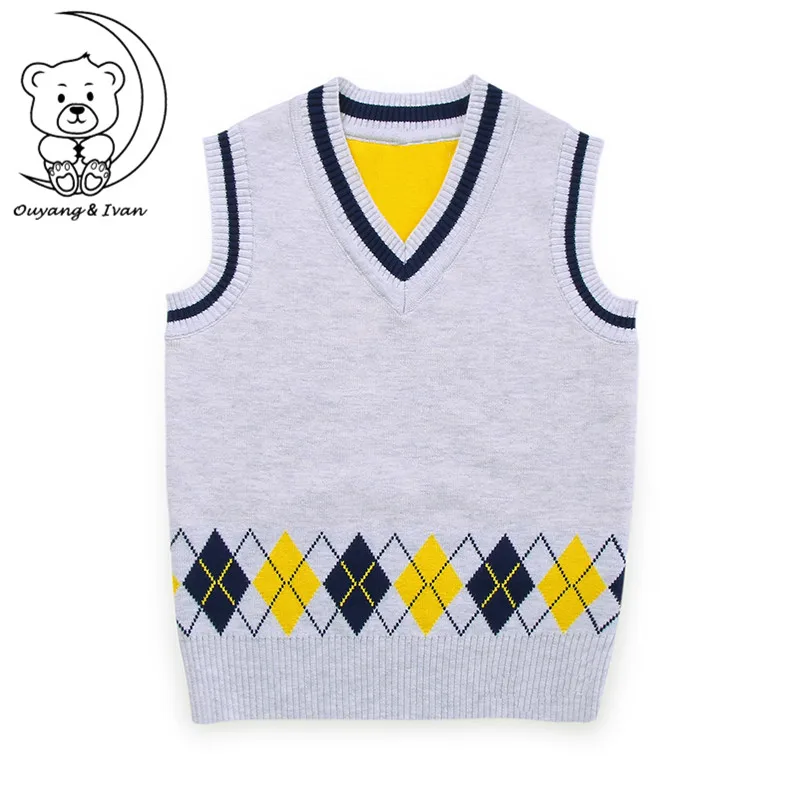 

Children's Sleeveless Sweater Children's V-neck Three-color England Style Knitted Vest Double Cotton Vest Outerwer Boy's Coat