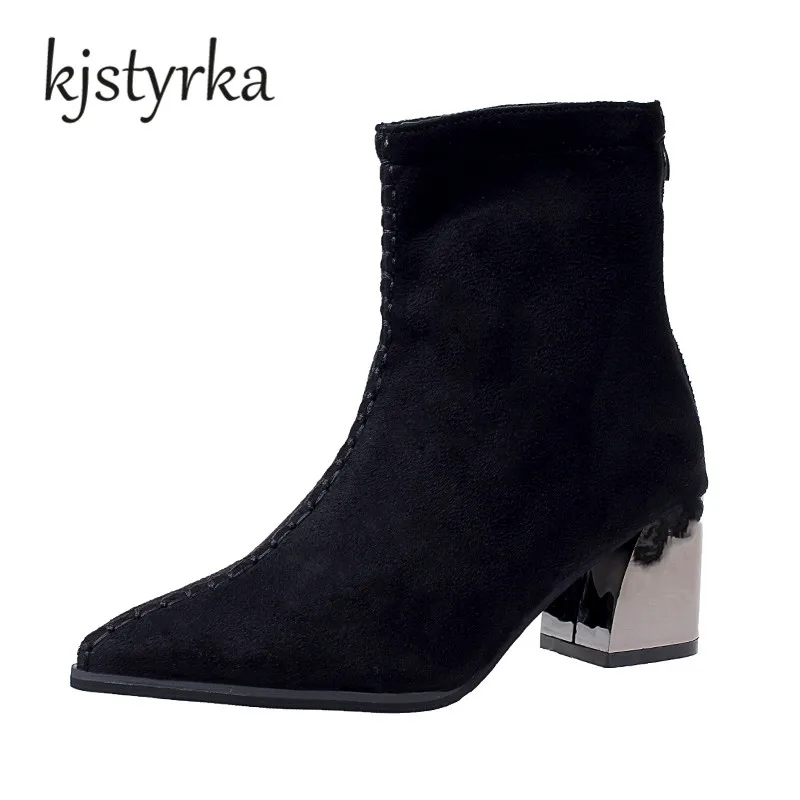 

2017Elegant Brand Women Pointed Toe Winter Short Boots Thick High-Heeled Antiskid Flexible Lady Fashion Casual Shoes Plush warm