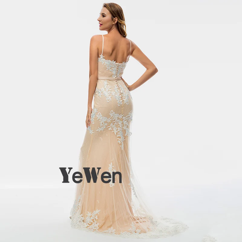 Yewen Длинные вечерние платья цвета шампанского с бисером вечерние кружевные платья для выпускного вечера женское элегантное платье