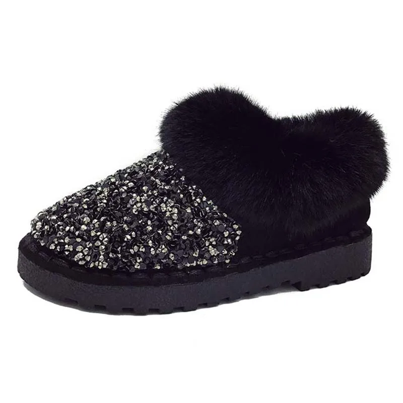GNOME/зимние блестящие ботинки на меху; женская обувь; женские ботильоны с блестками; теплые плюшевые женские ботинки; женская пушистая обувь - Цвет: Black