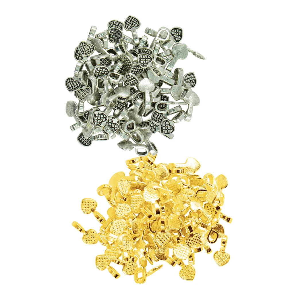 

200pcs Gold Antique Silver Heart Shape Glue on Bail Pendants Jewelry Making