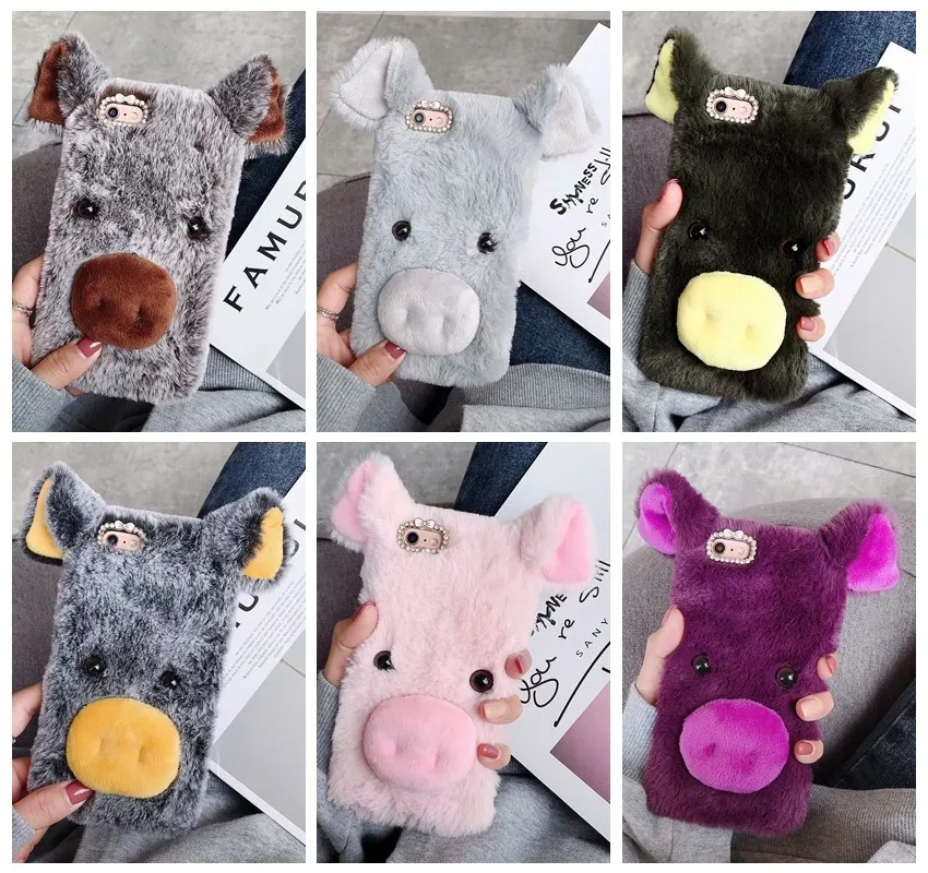 

For iPhone 11 2019 XR XS MAX X 8 7 6 Note 10 S10 S10e S9 3D Pig Genuine Hair Case Fluffy Fur Cover Soft TPU Rabbit Fur 30PCS