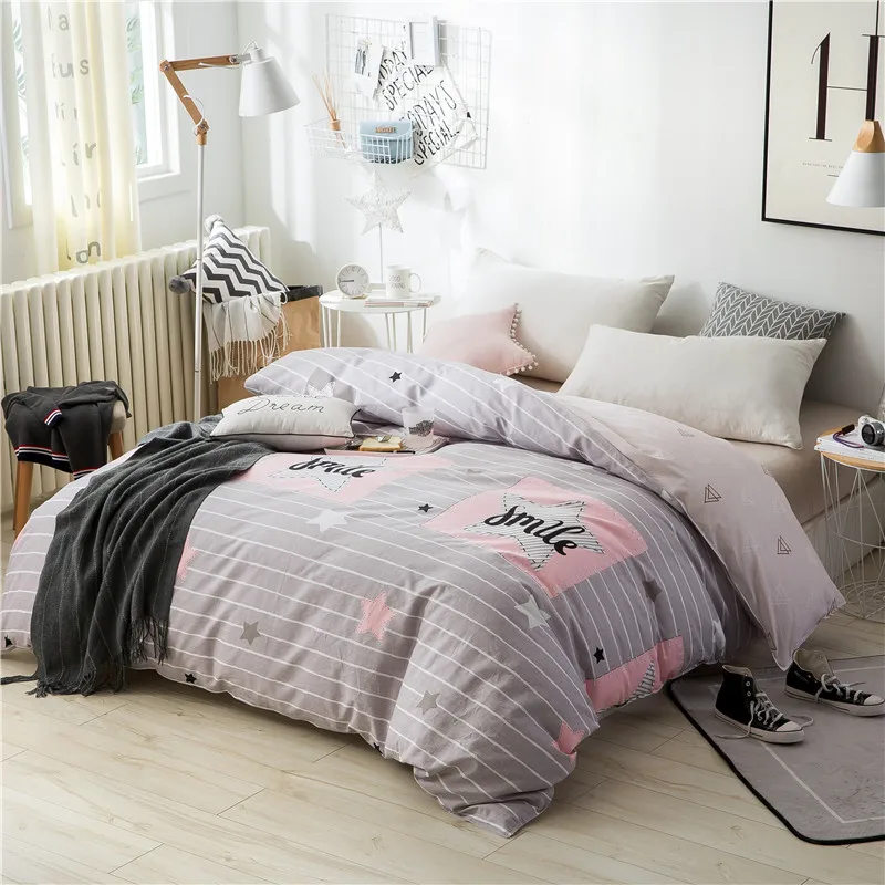 Light Grey Striped Letter Pattern Bedding 100 Cotton Soft Duvet Cover