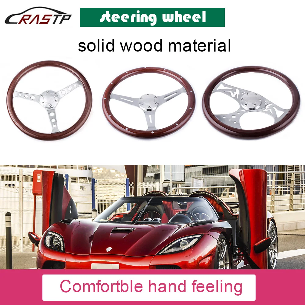 

15inch 380mm Steering Wheel Classic Sport Wooden Grain Silver Brushed Spoke Chrome Steering Wheel With Horn Button RS-STW015