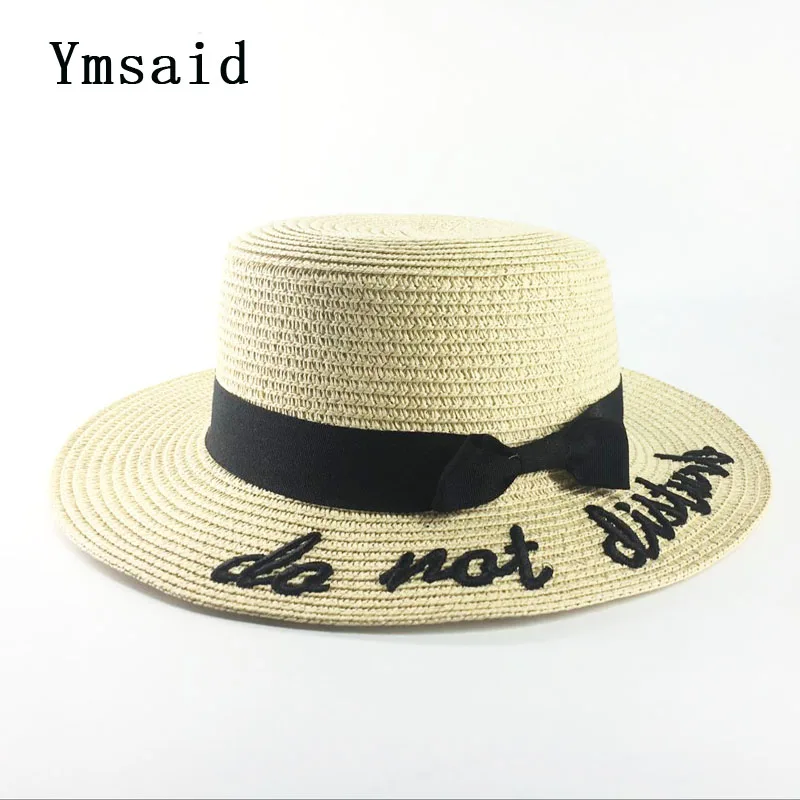 

Ymsaid Korea Style Embroidery Letter Boater Hat Summer Ribbon Round Bow Flat Top Wide Brim Straw Hat Women Fedora Panama Hat