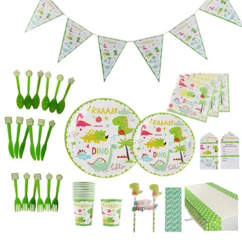 

AVEBIEN 2019 New Dinosaur Theme Children's Birthday Party Supplies Disposable Cutlery Set Paper Cap Tray Tablecloth Banner