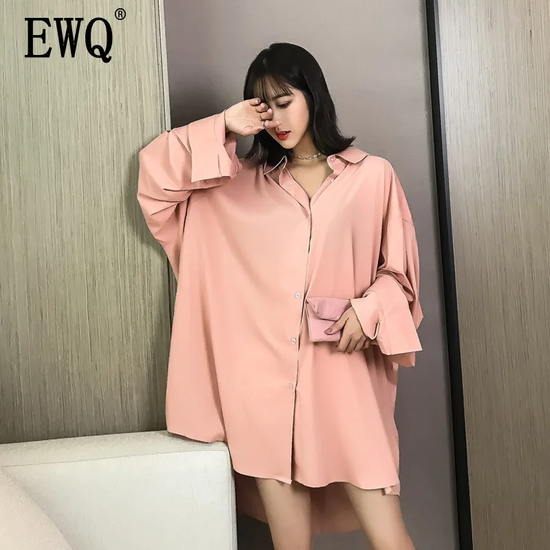 

[EWQ] New Spring 2019 Fashion Long Sleeve Turn-down Collar Solid Patchwork Single Breasted Casual Loose Dress Women AC138