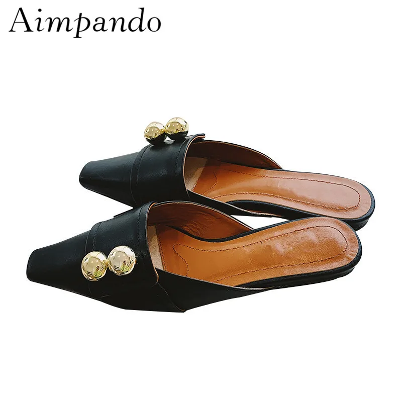 

New Spring Real Leather Flat Slippers Women Square Toe Slingback Slip On Mules Gold Metal Ball Decor Outwear Women Shoes
