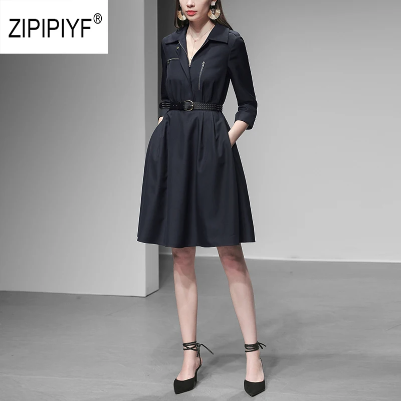 

Original 2019 Handsome Zipper Turn Down Collar Navy Dresses 3/4 Sleeve A-line Pocket Dress Vestidos with sashes feminino AB317