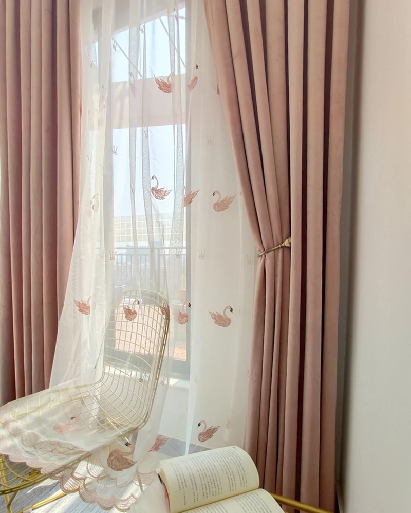 Pink Cute Swan Gauze Bedroom Tulle Balcony Decorative Drapes White Embroidered Curtains Sheer Screens For Living Room MY146-40