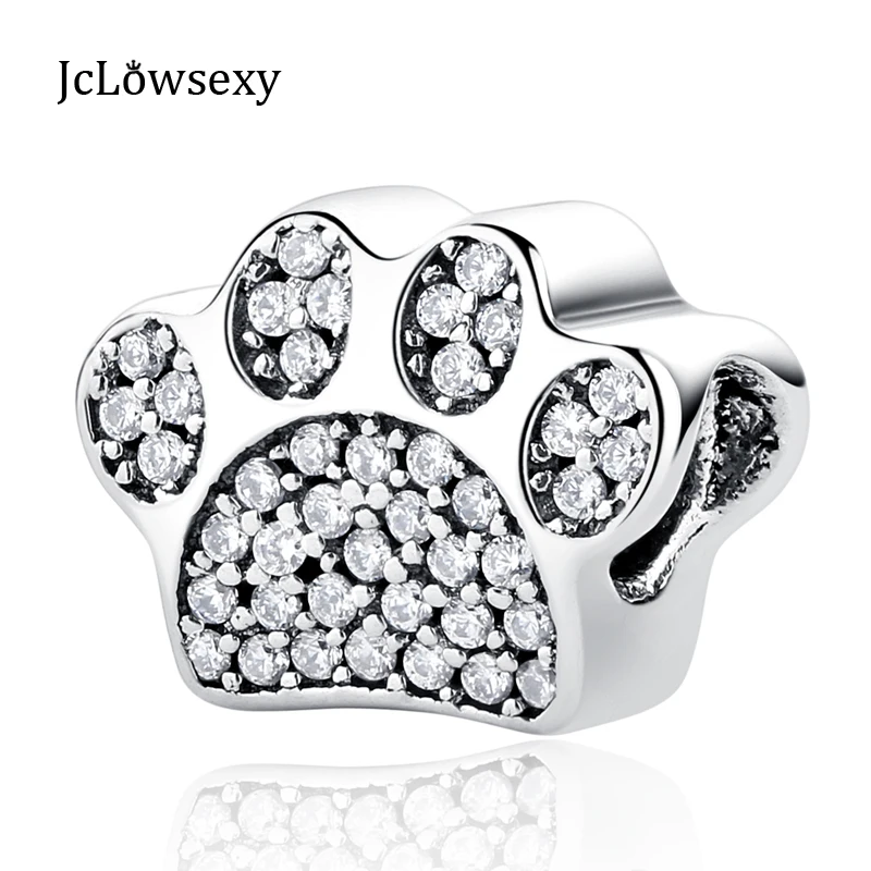 925 Sterling Silver Bead Dog Paw Print Silver Charms CZ Crystal Animal Beads Fit Bracelets