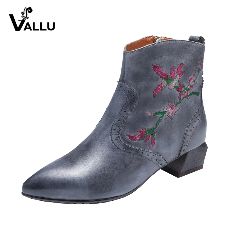 

2018 VALLU Handmade Shoes Women Boots Genuine Leather Vintage Flower Pointed Toes Ladies Ankle Boots