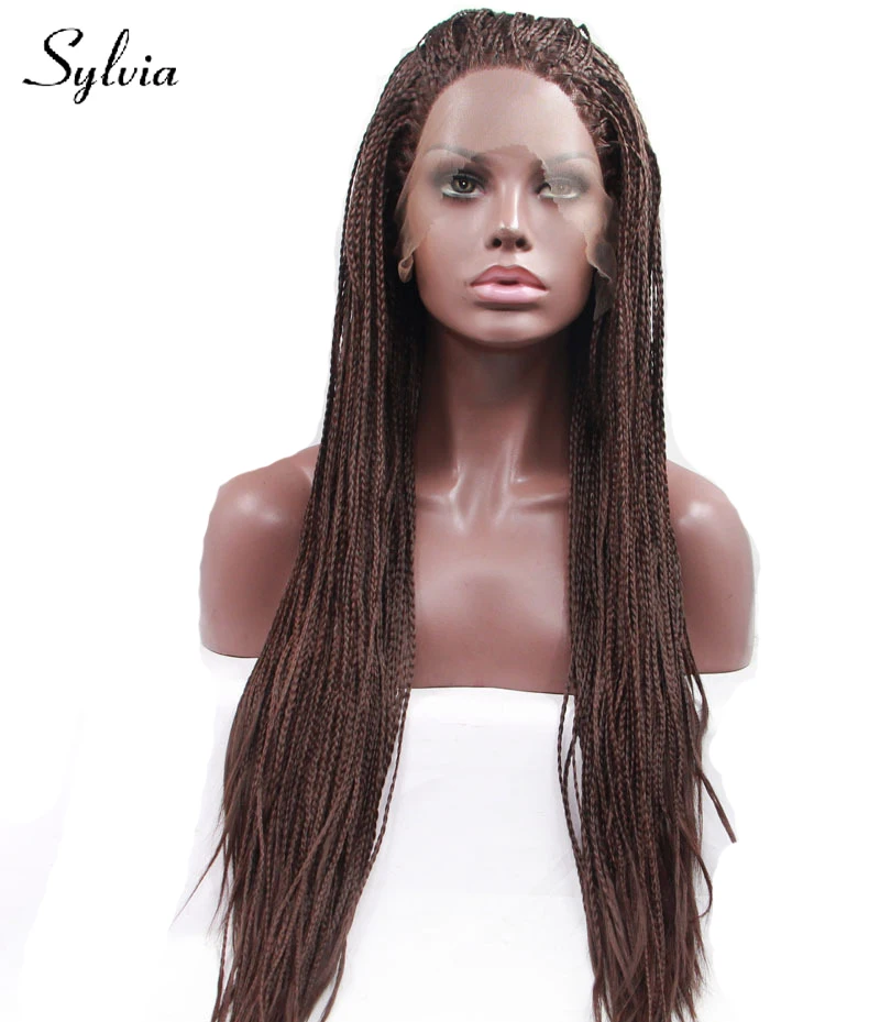Sylvia dark brown braided box braids synthetic lace front wigs for woman natural micro braiding