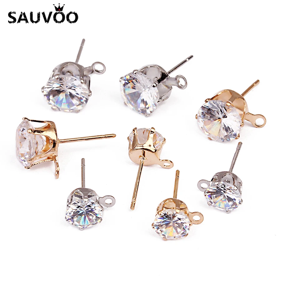 SAUVOO 50 шт. медные серьги гвоздики с отверстием стандартные циркониевые для женщин