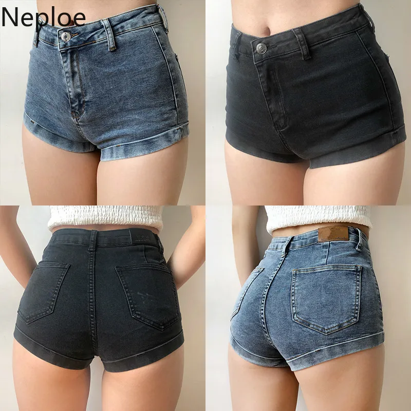 

Neploe Korean Skinny Women Cowboy Shorts High Waist Button Fly Zipper Solid Short Summer Soft Pocket Shorts Feminino 45411