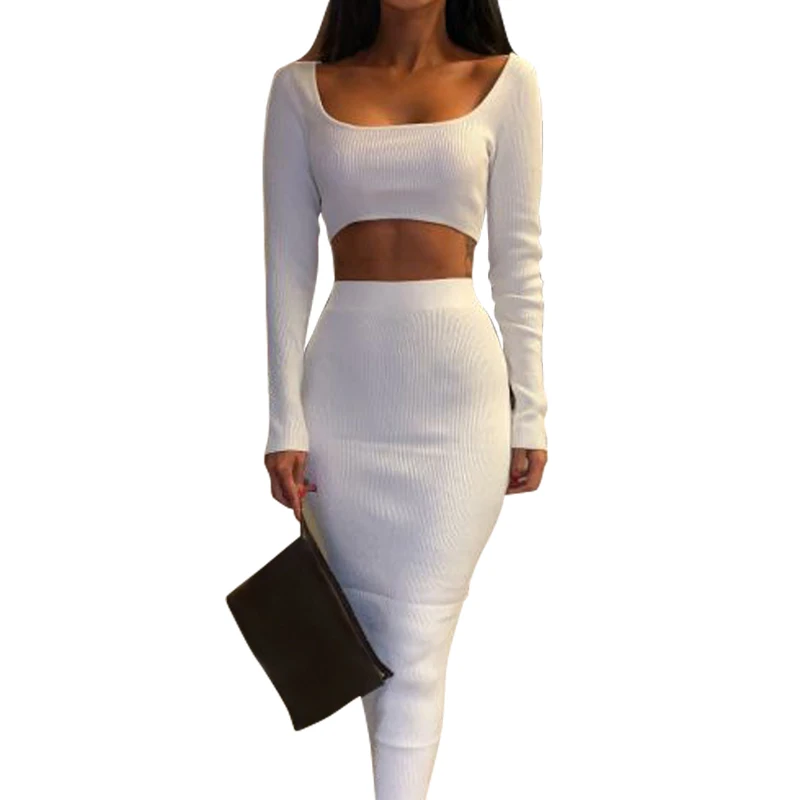 Two Piece Women's Set Knitted Elastic Waist Long Skirt Long Sleeve ...