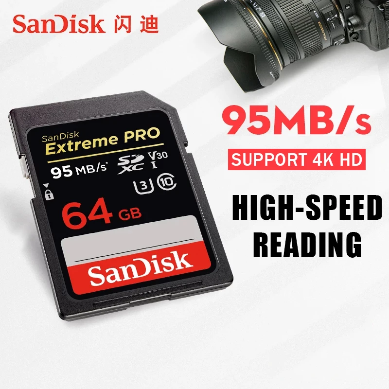 

100% Original SanDisk 64GB Extreme PRO SDHC SDXC UHS-I High Speed Memory Card C10 SD Card Camera Class 10 95MB/s carte sd