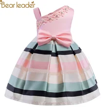 Bear leader/платья для девочек Новинка года, вечерние платья без рукавов с жемчужинами и цветами для девочек Полосатое платье принцессы с бантом на бретелях для детей возрастом от 3 до 8 лет