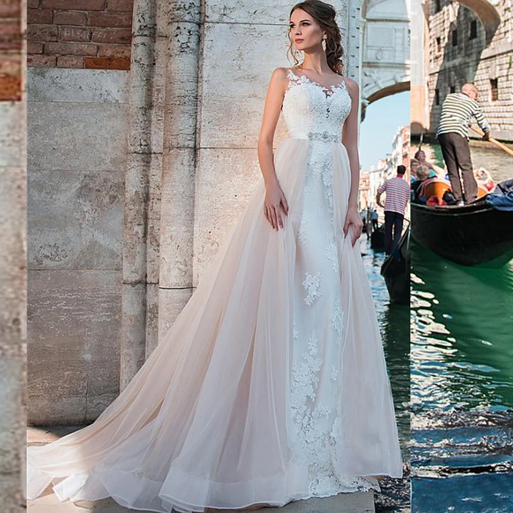 

Sexy Off the Shoulder Two Pieces Mermaid Wedding Dresses 2020 Lace Applique Backless Formal Bridal Gowns with Detachable Skirt
