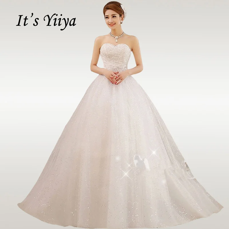 

It's YiiYa Wedding Dress 2019 White Strapless Crystal Wedding Dresses Elegant Long Train Vestidos de novia Free Shipping XXN026