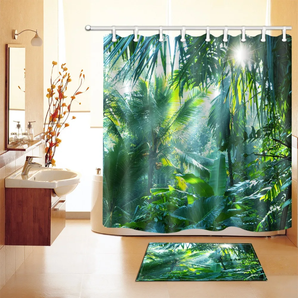 

Tropical Forest Plant Shower Curtain with Mat Set Green Banana Leaves Bathroom Waterproof Polyester Fabric for Bathtub Decor