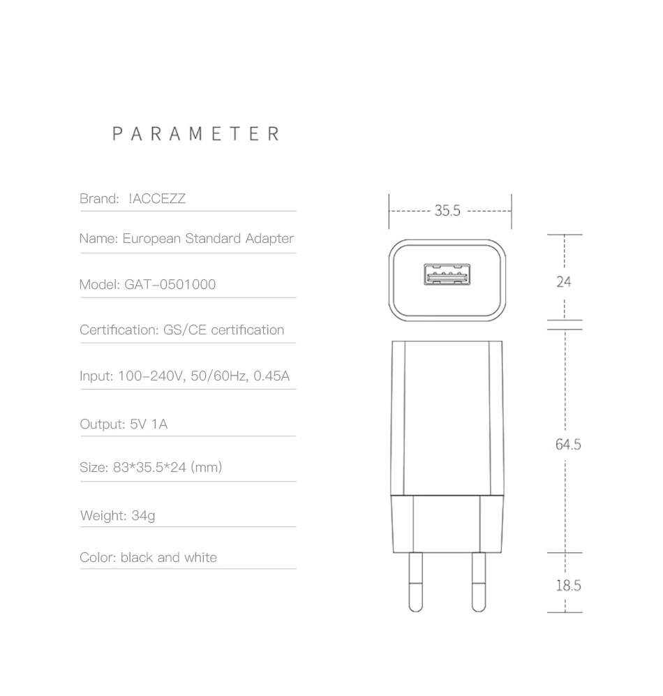 ACCEZZ USB Charger 5V 2A EU Plug For iphone iPad iPod Universal For Samsung Huawei Xiaomi Mobile Phone Wall USB Charger Adapter