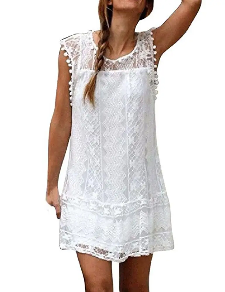 

Yfashion Women Elegant Lace Dress Sleeveless Delicate Round Collar Casual Fashion Dress