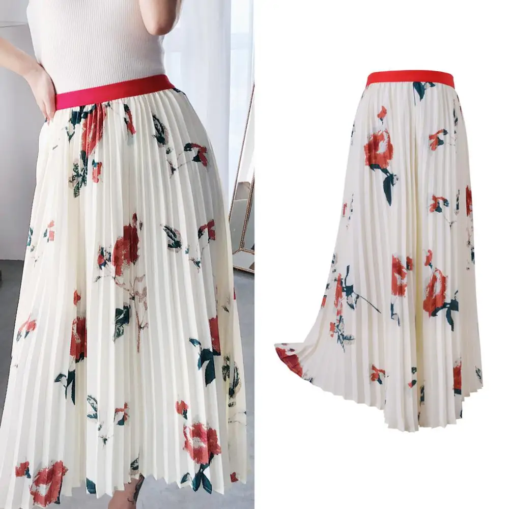 

Brand new design white floral print pleated skirts 2019 summer elegant women's skirts A419