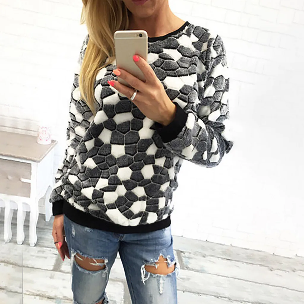 

Fashion Women Casual O-Neck Sweater Stone Printed Tops hot styleFemale long sleeve plush loose sweaters shirt chompas para mujer