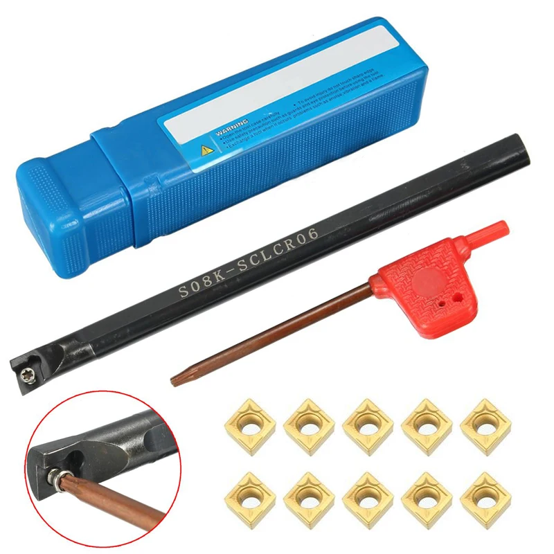 S08K-SCLCR06 Turning Tool Holder Boring Bar + 10pcs CCMT060204-HM Blades Inserts + T8 Wrench For Lathe Turning Tool Mayitr