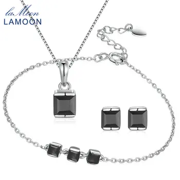 

LAMOON 4mm 0.6x2 ct Natural Black Chalcedony 925 Sterling Silver Fine Jewelry Set For Women Simple Square Design V008-B-3