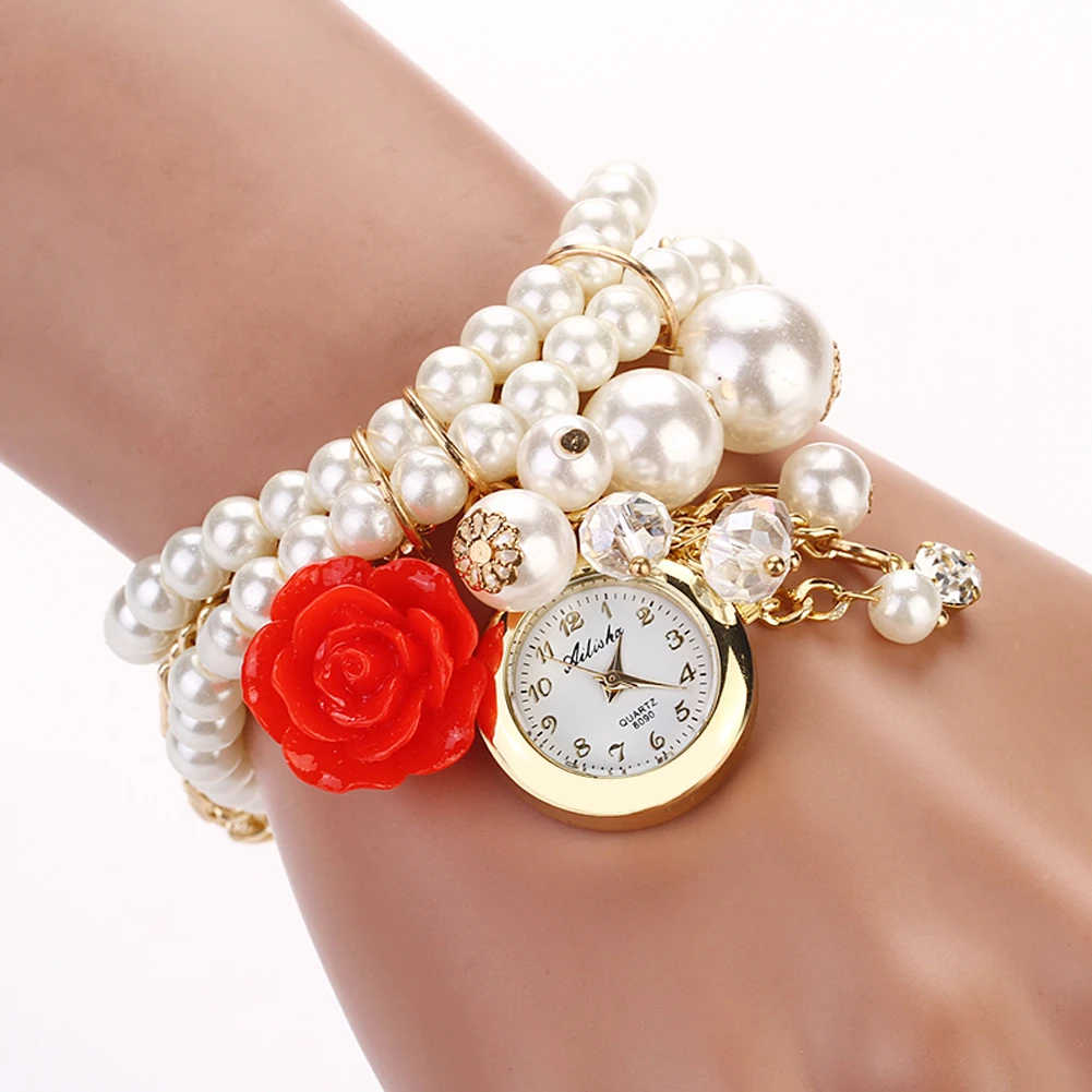 

Fashion Women Faux Pearl Rose Bracelet Watchwrist Analog Quartz Round Dial Watch Unique Rose Design Blooming on Your Lovely Hand