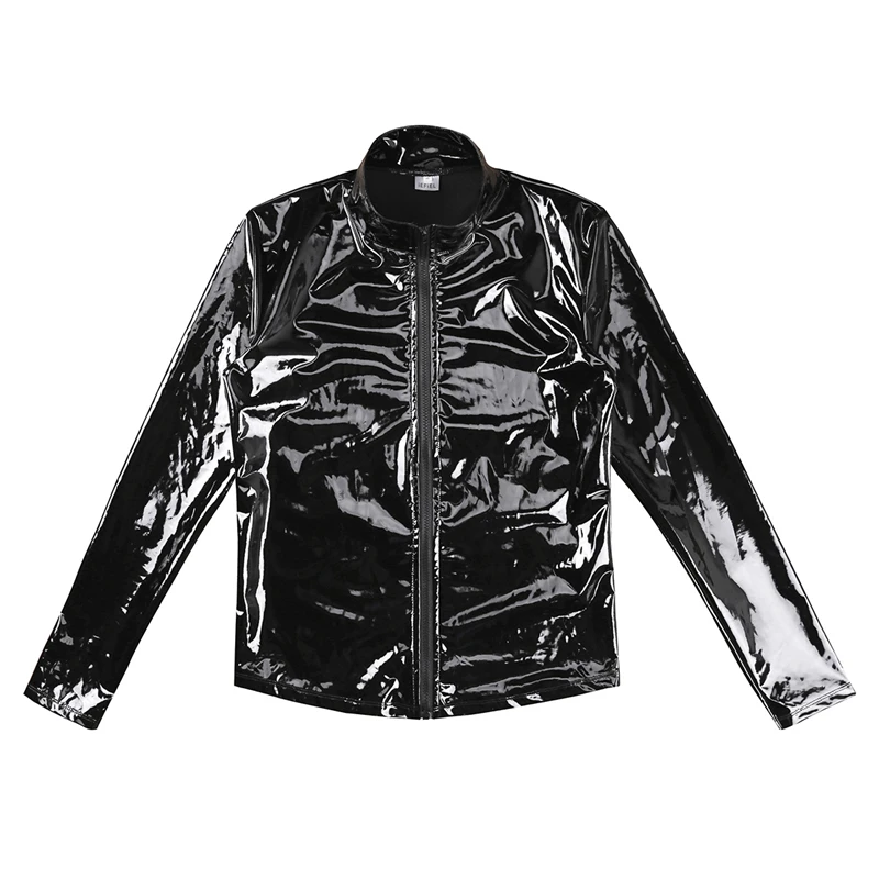 YiZYiF Men Shiny Metallic Front-Zip Stand Collar Tops Wet Look Sexy Patent Leather Nightclub Style Long Sleeve Tops For Men motorcycle leather jackets