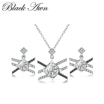 

[BLACK AWN] 925 Sterling Silver Fine Jewelry Sets Trendy Engagement Wedding Necklace+Earring for Women PT162