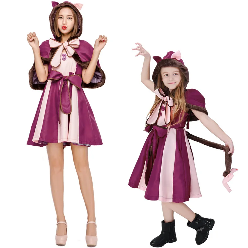 

NOWCOS Alice In Wonderland Costume Cheshire Cat Cosplay Dress For Adult Kids Halloween Fancy Party Suit Parent-child Clothes