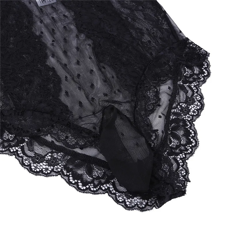 iEFiEL Mens Crossdress Lingerie Sissy Floral Lace Polka Dots Bodysuit Jumpsuit Nightwear Sleepwear See Through Mesh Underwear -