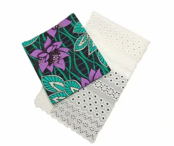 

Wholesale Price Swiss 100% Cotton Edge Fabric, High Quality African Lace Fabric + 2 yards Cotton Garment Fabric FF3759