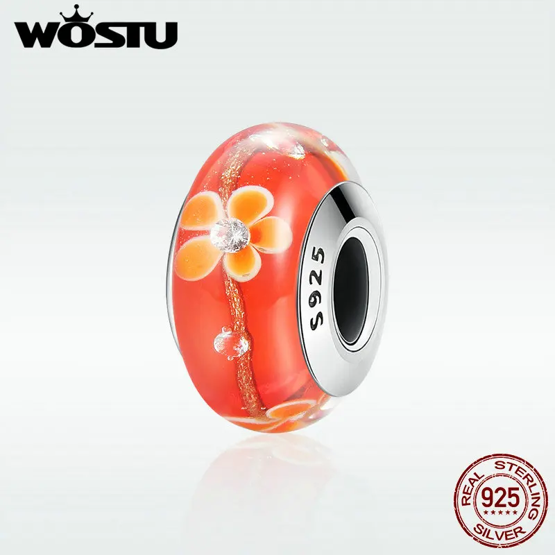 

WOSTU 925 Sterling Silver Flower Orange Murano Glass Beads Fit Original WST Charm Bracelet S925 Jewelry Gift DXZ053